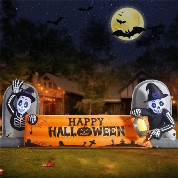 10FT Large Halloween Inflatable Decorations Skeleton Tombstone Banner, LED Light